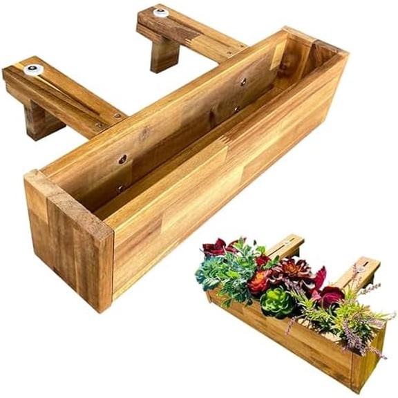 Acacia Wood Railing Planter Box, Outdoor Hanging Flower, Plant, & Herb Boxes, 20-Inch Wide x 5-Inch Tall x 4.5-Inch Deep Rectangular Porch, Deck, & Balcony Planters, Teak Color$$Garden & Patio