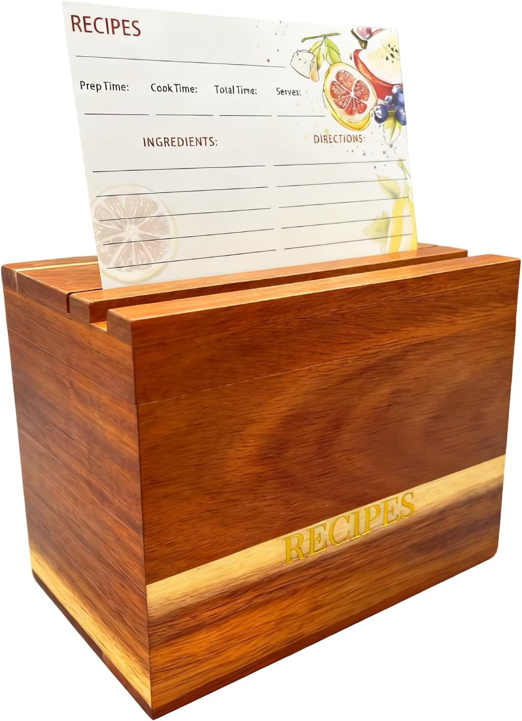Acacia Wood Recipe Box Set - 50 4x6 Recipe Cards, 6 Dividers | Rustic Kitchen Organizer with Lid for Cooking Lovers, Perfect Housewarming/Wedding Gift