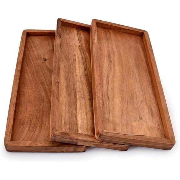 Acacia Wood Rectangular Wooden Platters for Home Decor, Food, Vegetables, Fruit, Charcuterie, Appetizer Serving Tray (13" x 5.5" x 0.75") (Set of 3)
