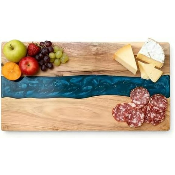 Acacia Wood Resin Charcuterie Board,18 * 9 inch,Expoxy Resin Ocean Blue Wave Pattern Cutting Board for Kitchen and Mini bar,Reversible Board for Meat, Cheese, Bread, Vegetables, Fruits$$
