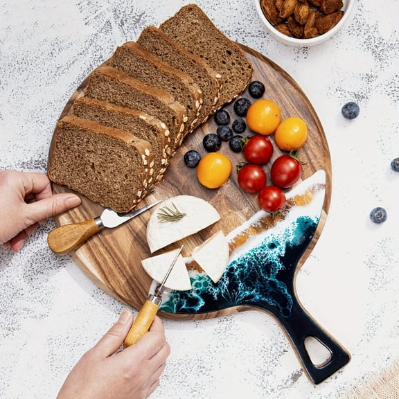 Acacia Wood Resin Round Charcuterie Board with Handle Non Porous Durable Serving Board for Kitchen Dining Decor