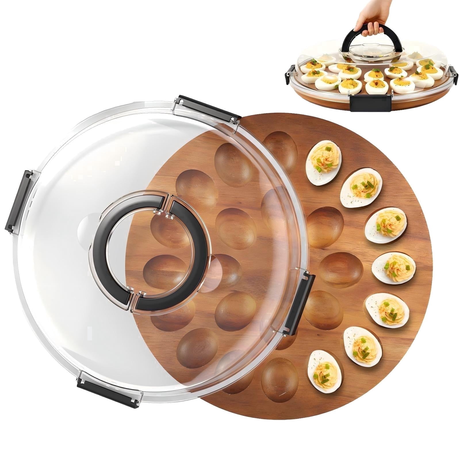 Wuxiuli Acacia Wood Reversible Deviled Egg Platter with Lid 24 Slots 1pack