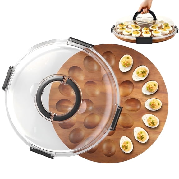 Wuxiuli Acacia Wood Reversible Deviled Egg Platter with Lid 24 Slots 1pack