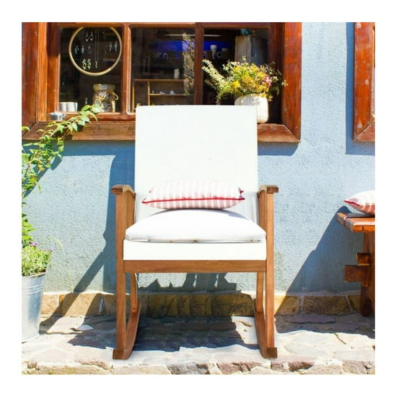 Acacia Wood Rocking Chair Outdoor, Teak Finish with Cushions - Patio Rocker for Garden, Backyard, Balcony - 355lbs Capacity, Detachable Washable Seat & Back