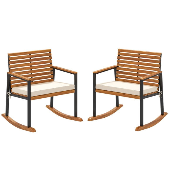 Acacia Wood Rocking Chair Set of 2 with Cushion, Cream White