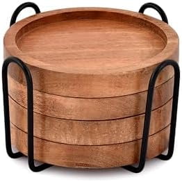 Acacia Wood Round Coasters Set of 4 with Iron Holder for Drinks, Tabletop Protection for Any Table Type for Bar Kitchen Home Apartment (4 x 4 x 0.5)$$Home Decor, Kitchen, & Other