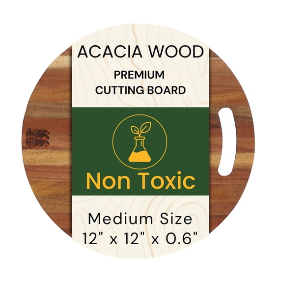 Acacia Wood Round Cutting Board 12 Inch with Handle for Cheese, Pizza, Bread & Fruit Serving, Thin 0.55 Inch Lightweight Solid Hardwood Platter, Non-Toxic, BPA-Free, Plastic-Free by New M Way