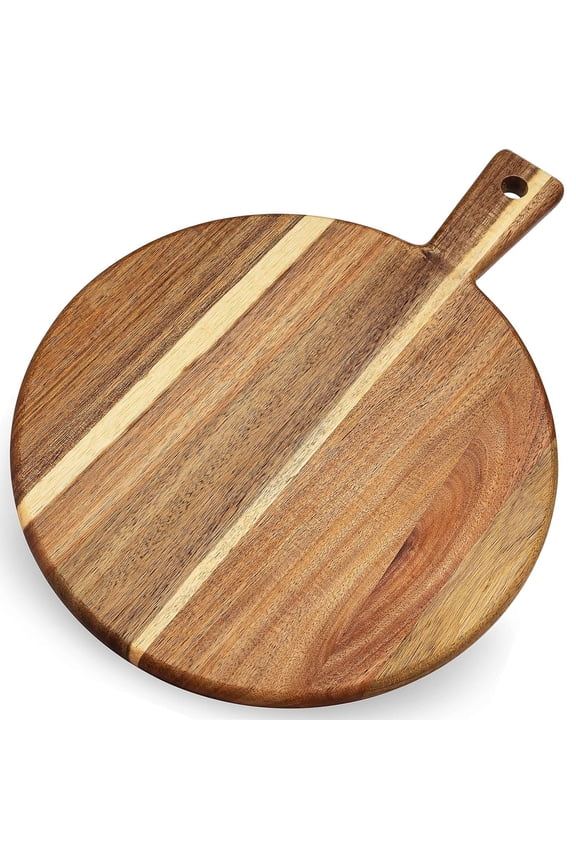 Acacia Wood Round Cutting Board with Handle, Decorative Charcuterie Board Chopping Board for Kitchen, Serving Tray for Cheese Meat Fruit Pizza Bread Baking for Counter Dining Room, 12 x 16 Inch