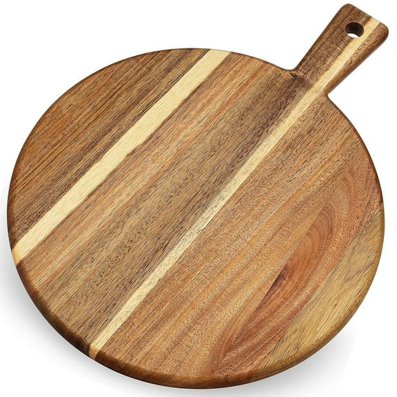 Acacia Wood Round Cutting Board with Handle, Decorative Charcuterie Board Chopping Board for Kitchen, Serving Tray for Cheese Meat Fruit Pizza Bread Baking for Counter Dining Room, 12 x 16 Inch