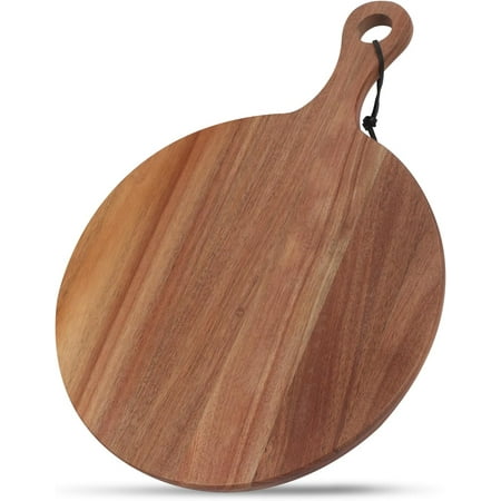 Acacia Wood Round Cutting Board with Handle Wooden Charcuterie Board Wood Pizza Peel, Decorative Serving Board and Platter for Cheese, Bread, Fruits, Vegetables, Kitchen Chopping, Food Prep16.3" x 12