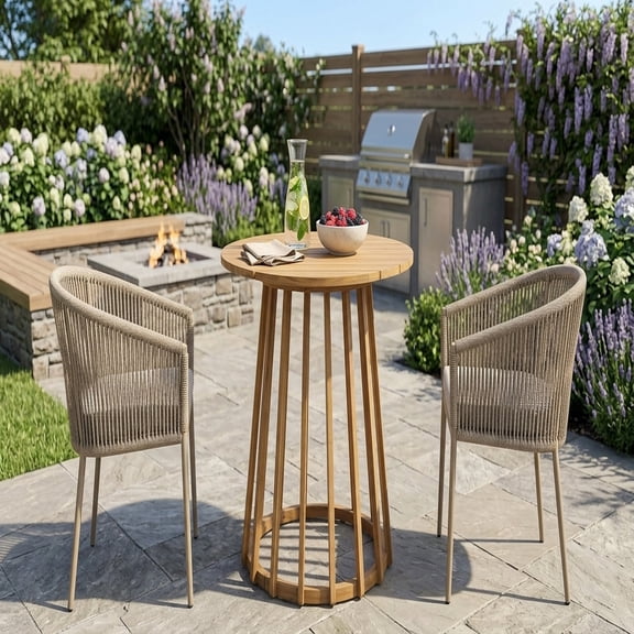 Acacia Wood Round Dining Table - Teak Finish Outdoor Bistro Table