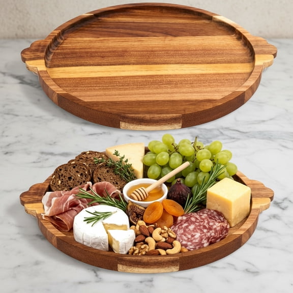 Acacia Wood Round Serving Tray, Charcuterie Board with Handles, Wooden Cheese Boards for Kitchen Countertop, Versatile Decorative Serving Tray for Coffee Table, Parties & Daily Dining