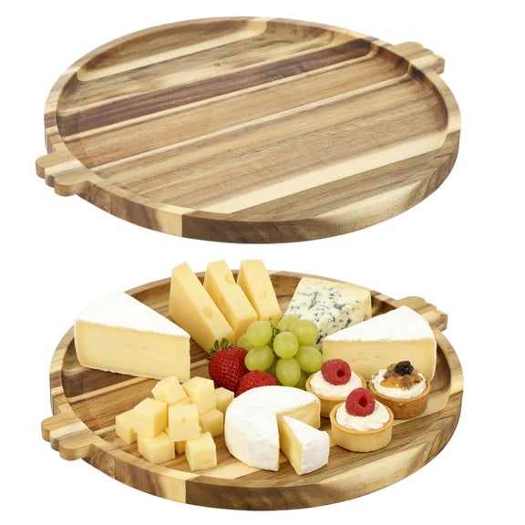 Acacia Wood Round Tray, 13.39 x 14.96 in Rustic Platter With Handles, Coffee Table Decor Charcuterie Cheese Board, Snack Pizza Serving Board, Kitchen Accent