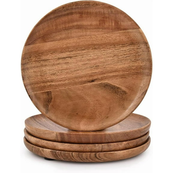 Acacia Wood Round Wood Plates Set of 4, Easy Cleaning & Lightweight for Dishes Snack, Dessert.(7" x 7" x 1")