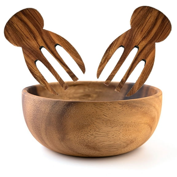 Acacia Wood Salad Bowl With Servers Set Wooded Serving Bowl Kitchen Decor-7.1inch