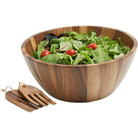 Acacia Wood Salad Serving Bowl 12” with Salad Hands 3 Piece Set by Woodard & Charles