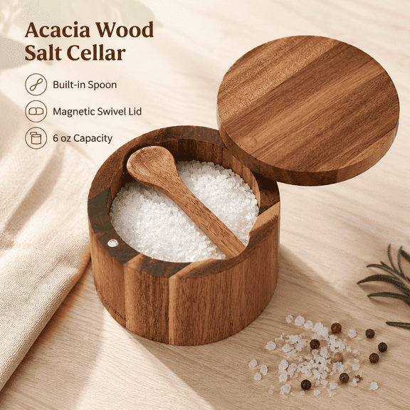 PLERISE Acacia Wood Salt Cellar with Built-in Spoon and Swivel Magnetic Lid, 6 oz Kitchen Container for Salt Pepper Spice