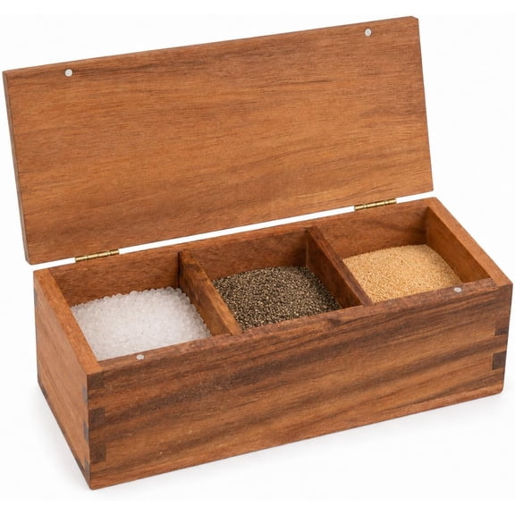 Acacia Wood Salt Cellar Spice Box with Flip Lid Storage, Large Capacity Salt Box for Kitchen, Gourmet Salts, Spices, Grilling & Cooking(3 natural)