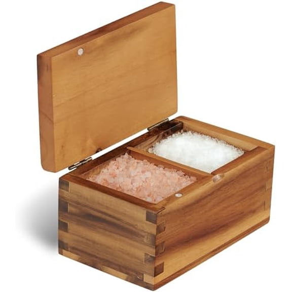 Acacia Wood Salt Cellar with Magnetic Flip Lid - 20 oz Large Capacity Salt Box for Kitchen - Keeps Spices, Herbs & Seasonings Fresh (Natural Brown)