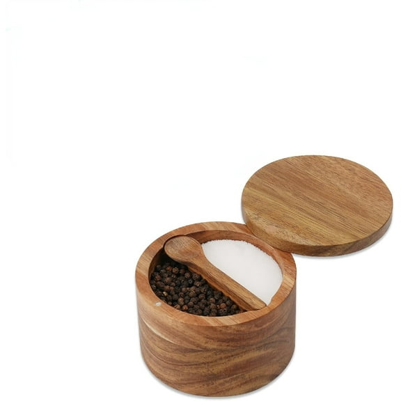 Acacia Wood Salt and Pepper Bowl Box, Built-in Spoon, Two Compartments Spice Seasoning Container, Sea Salt Cellar Holder, Magnetic Swivel Lid, Dual 5oz Capacity