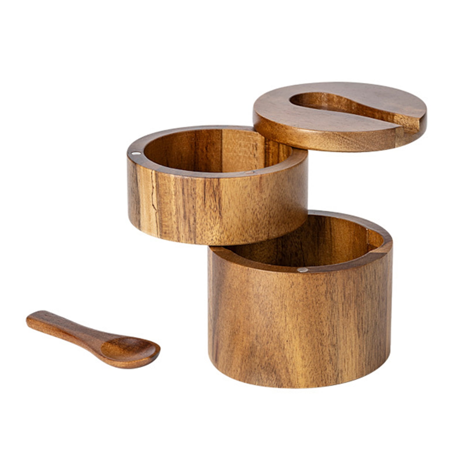 UKQRRTC Acacia Wood Salt And Pepper Box - 2 Compartments With Rotating Magnetic Lid & Spoons, Spice Organizer For Kitchen