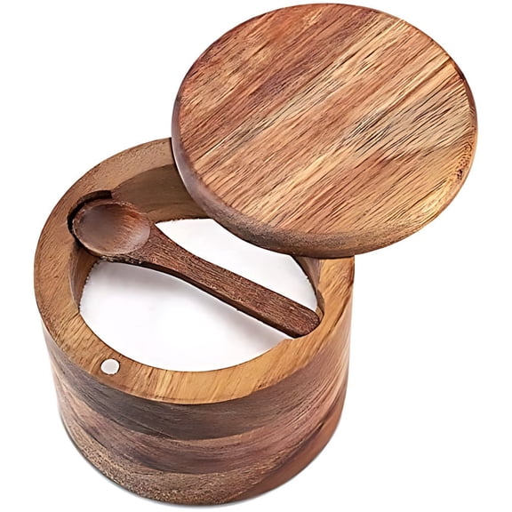 Acacia Wood Salt and Pepper Bowl, Nature Wood Salt Cellar and Spices Storage Box With Built-in Spoon and Magnetic Swivel Lid (Single Compartment 6.5 oz)