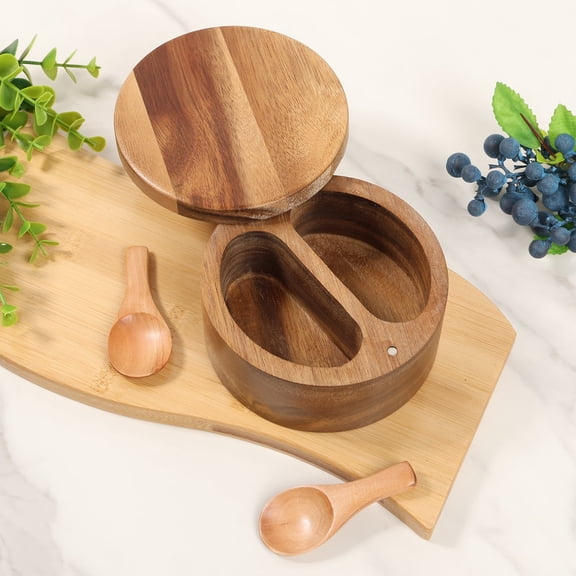 Acacia Wood Salt and Pepper Bowl 2 Compartment Spice Box with Rotating Magnetic Lid and Spoons for Kitchen Counter (brown )