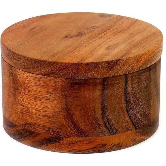 Acacia Wood Salt or Spice Box with Swivel Cover Wooden Spice Herb Storage, close at hand on your countertop.