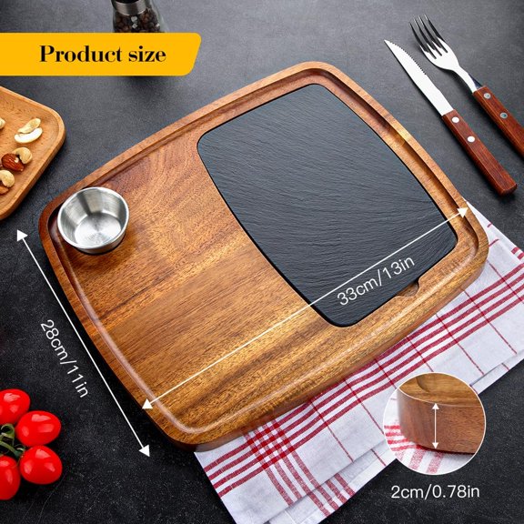 Acacia Wood Serving Plate with Sauce Cup & Removable Slate Insert for Meat Sausages Cheese, Steak Serving Tray Cutting Board Serving Platter Cheese Platter Perfect for Housewarming Christmas