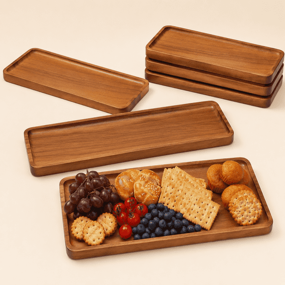Acacia Wood Serving Platters and Trays - Wooden Mini Charcuterie Boards, Small Cheese Board, Rectangle Wooden Tray for Kitchen Counter, Bathroom, Home Decor, Party (6)