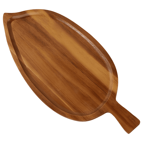 Acacia Wood Serving Tray, 13 in / 33 cm Leaf Shaped Wooden Food Serving Tray with Handle, Decorative Plate for Snacks, Desserts, Bread, Sushi, Cake