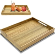 Acacia Wood Serving Tray with Handles 17 Inches   Decorative Serving Trays Platter for Breakfast in Bed, Lunch, Dinner, Appetizers, Patio, Ottoman, Coffee Table, BBQ, Party  Great for Lap &Couch
