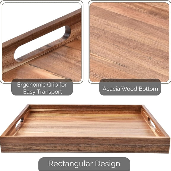 Acacia Wood Serving Tray with Handles Set of 2  Decorative Serving Trays Platter for Breakfast in Bed, Lunch, Dinner, Patio, Ottoman, Coffee Table, BBQ, Party Great for Lap &Couch