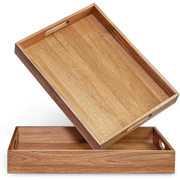 Acacia Wood Serving Tray with Handles Set of 2 – Decorative Serving Trays Platter for Breakfast in Bed, Lunch, Dinner, Patio, Ottoman, Coffee Table, BBQ, Party –Great for Lap &Couch