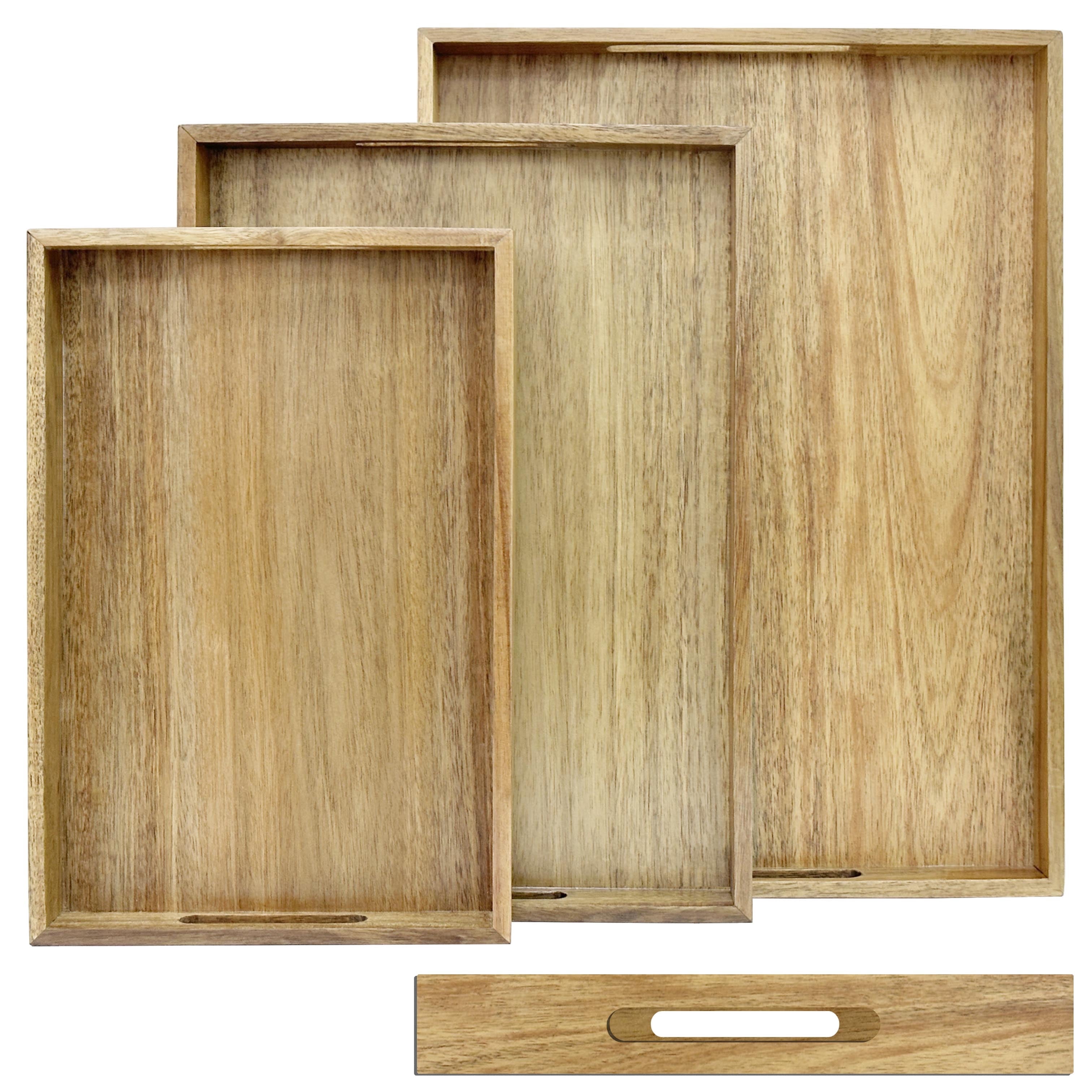 Acacia Wood Serving Tray with Handles Set of 3 – Decorative Serving Trays Platter for Breakfast in Bed, Lunch, Dinner, Patio, Ottoman, Coffee Table, BBQ, Party –Great for Lap &Couch