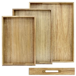 Acacia Wood Serving Tray with Handles Set of 3 – Decorative Serving Trays Platter for Breakfast in Bed, Lunch, Dinner, Patio, Ottoman, Coffee Table, BBQ, Party –Great for Lap &Couch