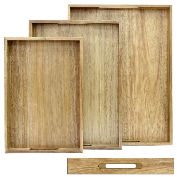 Acacia Wood Serving Tray with Handles Set of 3 – Decorative Serving Trays Platter for Breakfast in Bed, Lunch, Dinner, Patio, Ottoman, Coffee Table, BBQ, Party –Great for Lap &Couch