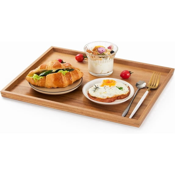 Acacia Wood Serving Tray: Rectangular Wooden Tray for Coffee Table,Large Trays Platter Breakfast in Bed, Dinner,Tray Living Room Bedroom Entryway and Kitchen