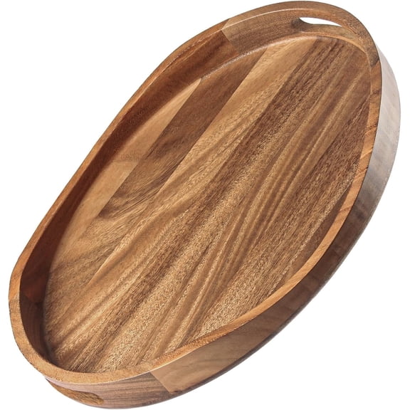 ERBAO Acacia Wood Serving Tray with Handles - 17"x13" Round, Decorative Ottoman Tray for Living Room, Coffee Table, Breakfast in Bed, Candle Display