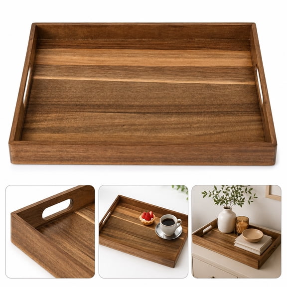 Acacia Wood Serving Tray with Handles, Rectangular Natural Wood Decor Tray, 17Inch Farmhouse Table & Kitchen Display