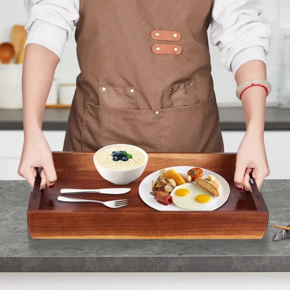 Acacia Wood Serving Tray with Handles,Rustic Decorative Platter for Breakfast in Bed,Lunch,Kitchen,Living Room,Coffee Table,and Parties