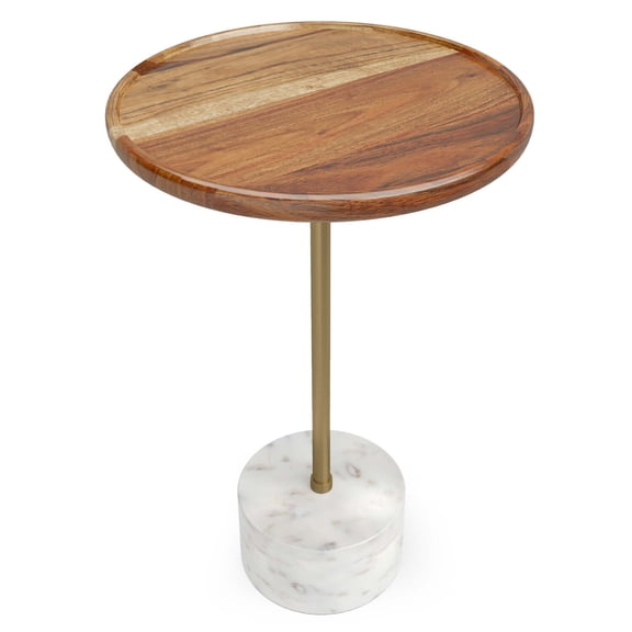 Acacia Wood Side Table|15" Round Marble & Brass Accent Table