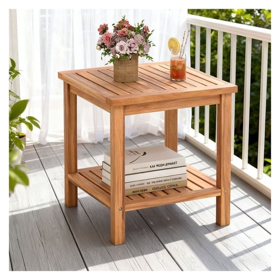Acacia Wood Side Table - Outdoor Patio End Table with Storage Shelf - Natural Finish - 18x18x18 Inch - Garden, Backyard, Living Room