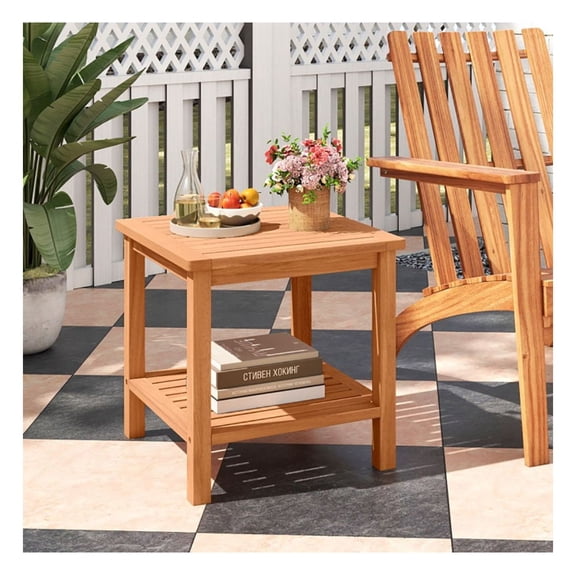 Acacia Wood Side Table, Patio Outdoor End Table with Slatted Top & Storage Shelf, Natural Finish, 18x18x18, Backyard, Balcony, Deck Furniture