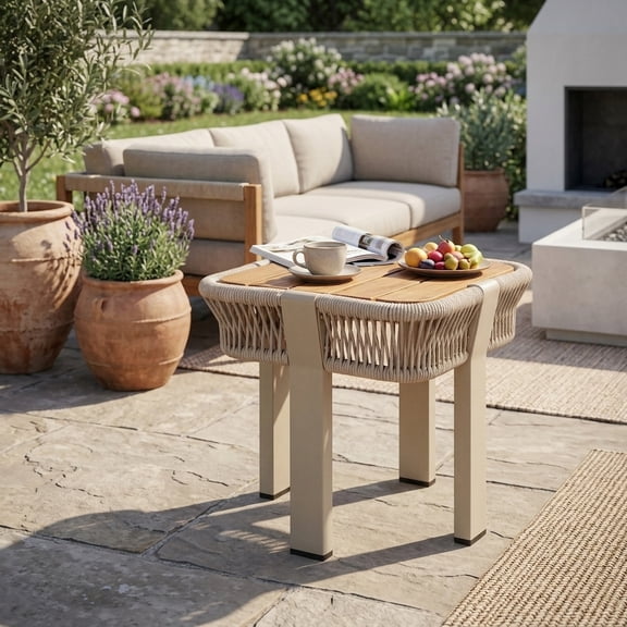 Acacia Wood Side Table with Beige Rope & Natural Metal Frame - Teak Finish