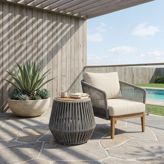 Acacia Wood Side Table with Grey Rope Base - Natural Teak Finish, Coastal Accent