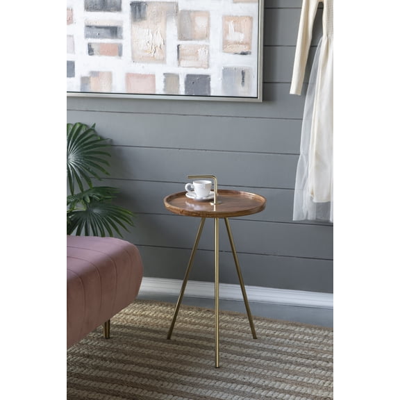 Acacia Wood Side Table with Tripod Steel Legs, Brown/Gold, 16x23.5"