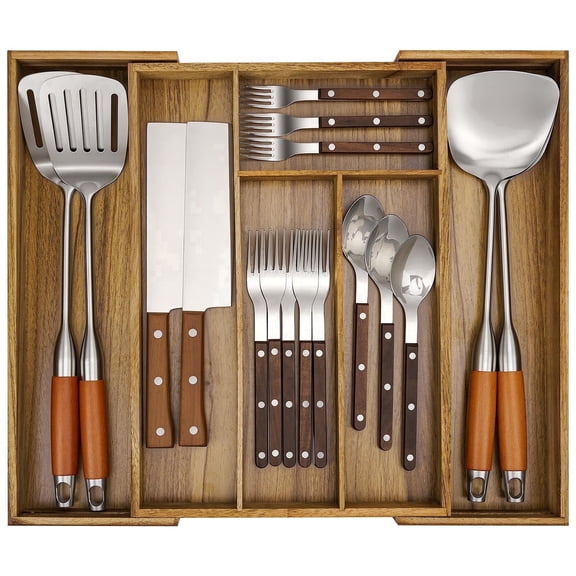 Acacia Wood Silverware Organizer, Kitchen Drawer Organizer for Flatware, Wooden Utensil Holder and Cutlery Tray with Grooved Drawer Dividers, 6 Compartment Utensil Tray (Expandable 6 Compartments)