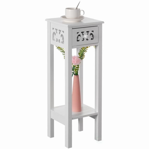 Acacia Wood Slim Bedside Table with Minimalist Design and Space-Saving Functionality, Wood Drawer and Open Shelf Side