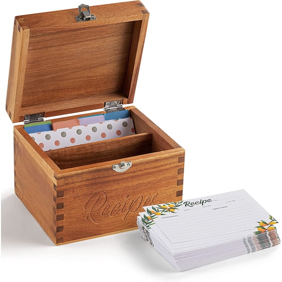 Acacia Wood Small Recipe Box with 100 Cards 4x6, 8 Dividers - Wooden Recipe Box Set Double Compartment Organizer Keeper with Thick Card Stock - Cards Holder Stand for Kitchen Counter